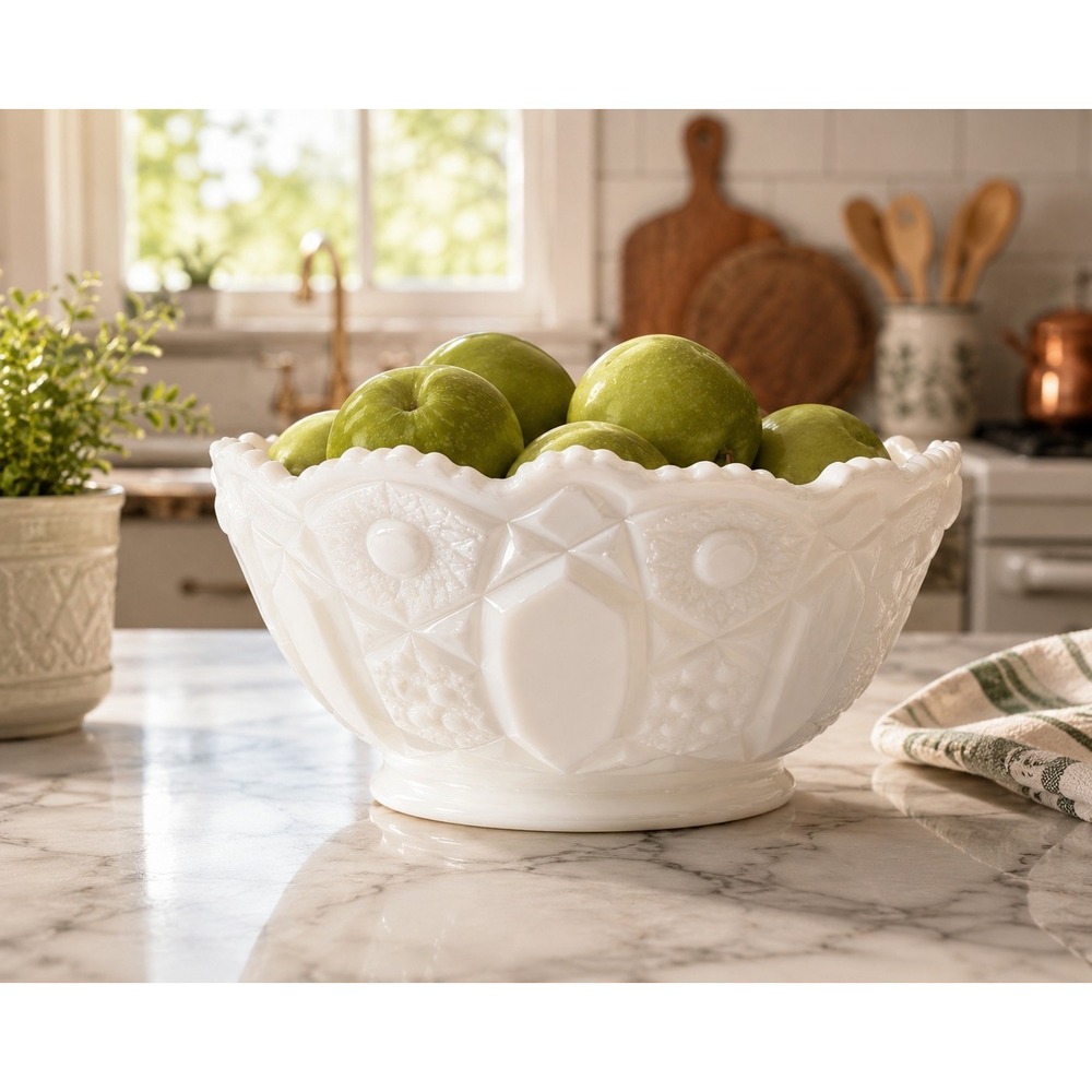 Vintage White Milk Glass Pedestal Centerpiece‎ Bowl Geometric Panel Pattern 9"